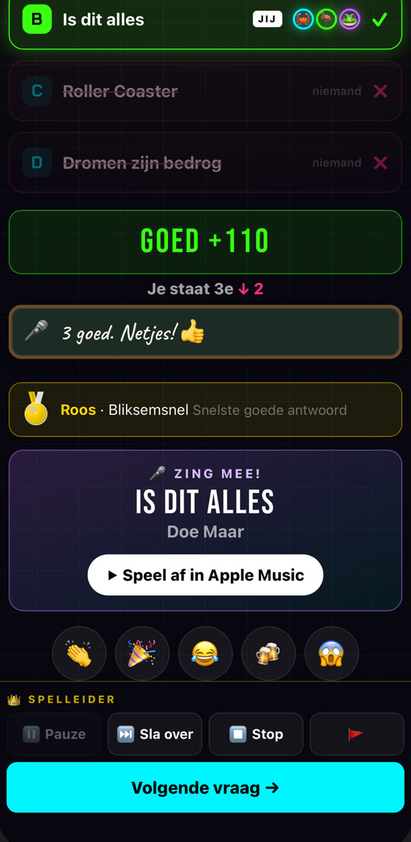 Na een meezinger staat op de telefoon de kaart Zing mee met de knop Speel af in Apple Music